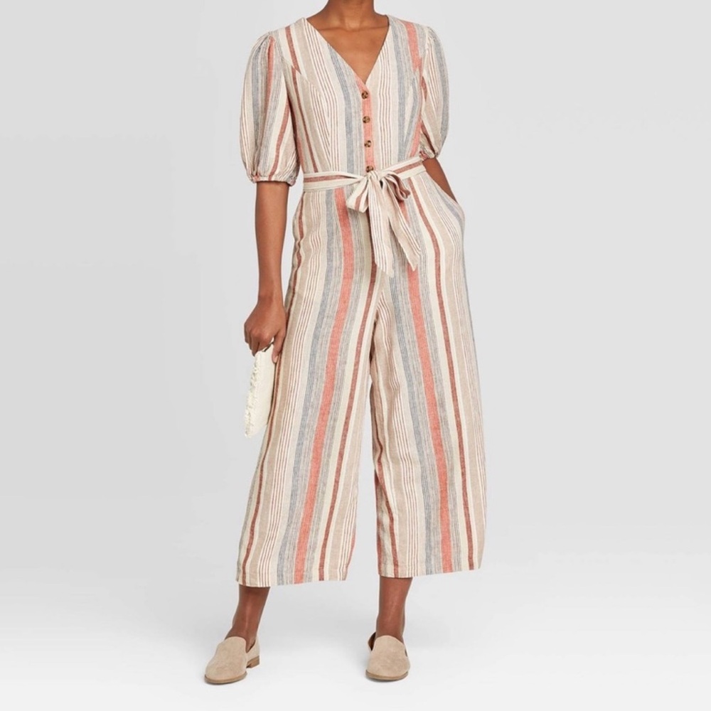Universal Thread Red and White Striped Jumpsuit with Tie Waist
